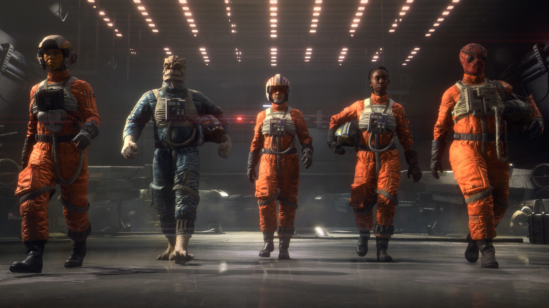 En bild från Star Wars: Squadrons som visar hur ett gäng piloter ikladda orange flygdräkter går mot kameran.
