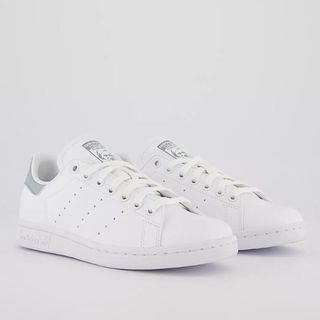 white stan smith trainers with grey accent on back