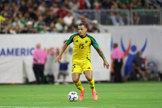 Joel Latibeaudiere of Jamaica drives the ball during a match between Mexico and Jamaica as part of group B of CONMEBOL Copa America 2024 on June 22, 2024, at NRG Stadium in Houston, TX. (Photo by Alejandro Salazar/PxImages/Icon Sportswire via Getty Images)