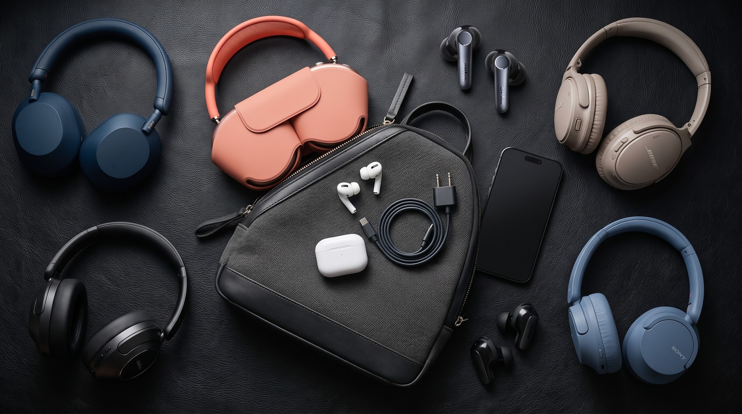 A selection of headphones and earbuds on a black desk, with a shoulder bag