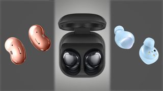 The Samsung Galaxy Buds Pro, Galaxy Buds Live and Galaxy Buds Plus on a grey background.