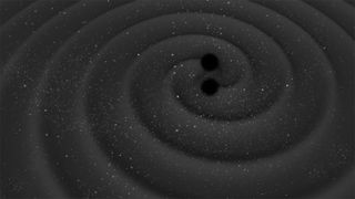 illustration showing two small black balls surrounded by widening gray spirals