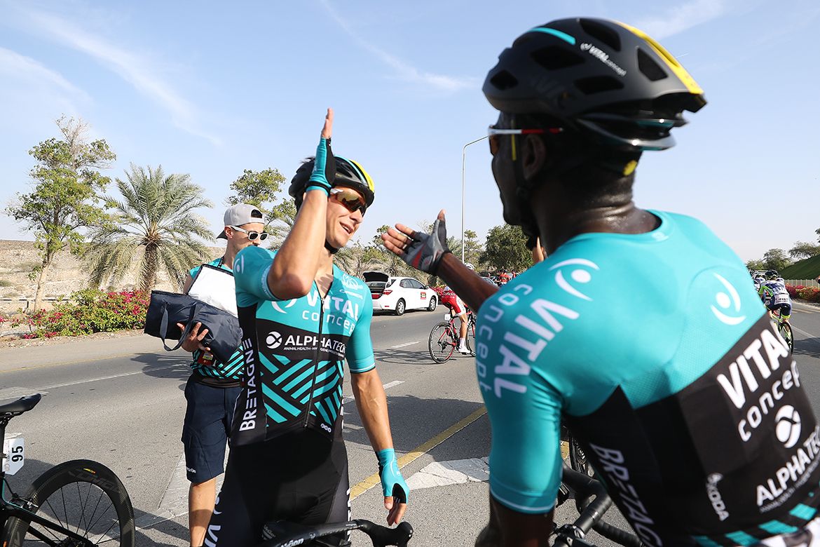 Bryan Coquard thanks his Vital Concept teammates after Tour of Oman stage victory.