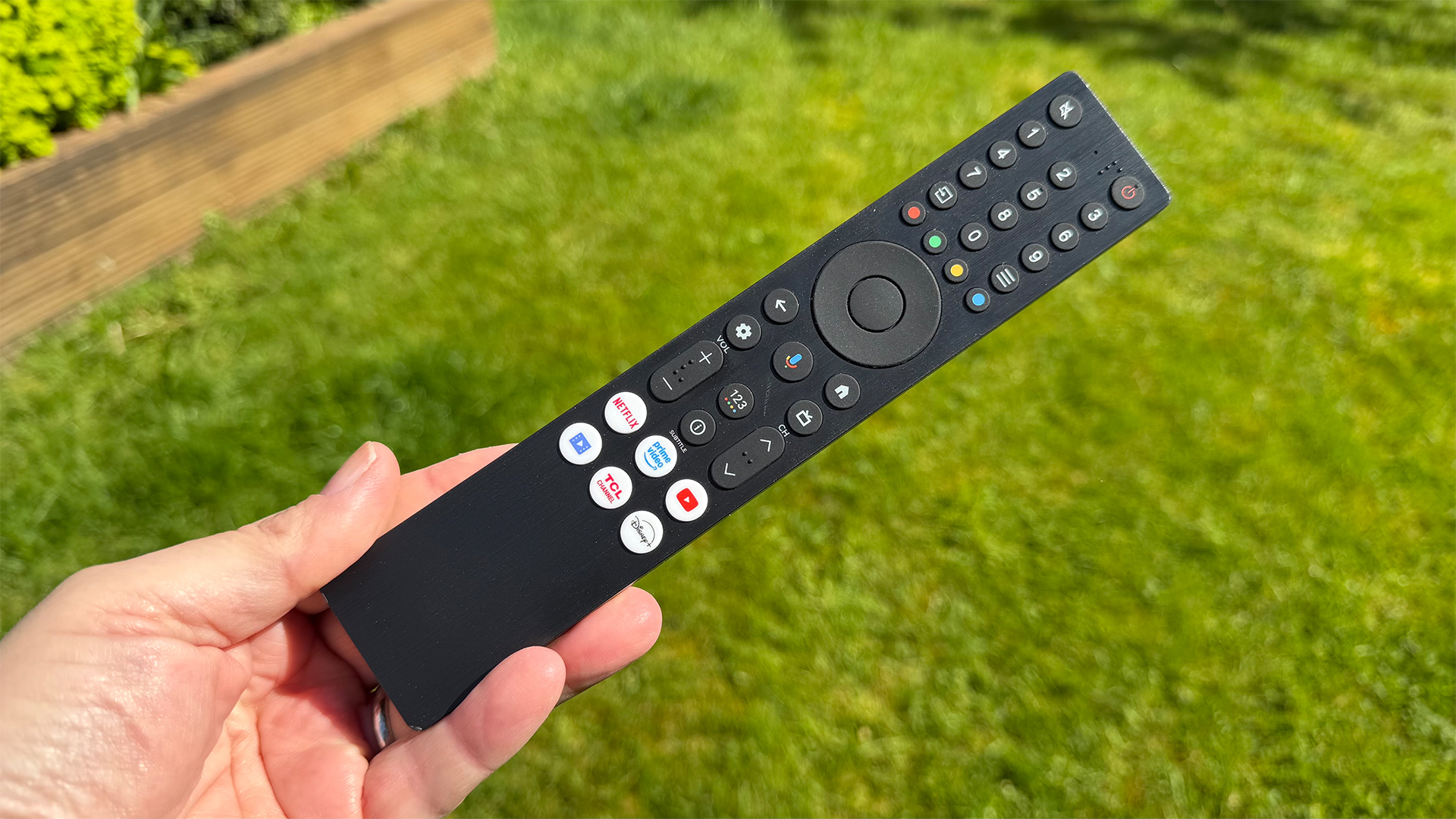TCL Q6C 65-inch LCD TV remote held in hand above grassy lawn