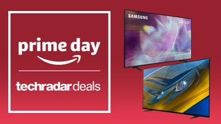 Two TVs on a red background with a sign saying Prime Day deals