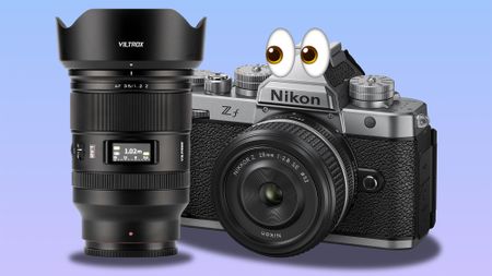Nikon Zf next to Viltrox AF 35mm f/1.2 with eyes emoji on the camera on a pastel pink to blue background 