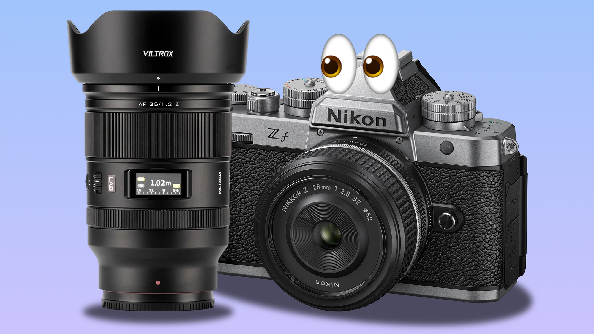 Nikon Zf next to Viltrox AF 35mm f/1.2 with eyes emoji on the camera on a pastel pink to blue background 