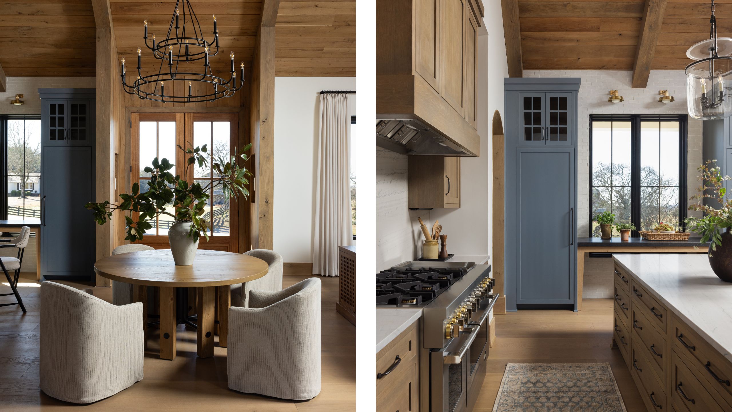 Side-by-side view showing a round wood dining table with four barrel chairs on the left, and a modern rustic kitchen with wooden cabinets and a blue pantry unit on the right.