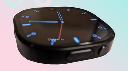 A leaked image of the impending Meta smartwatch, on a pastel pink and blue background