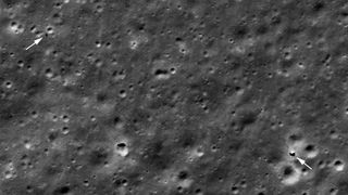 The Chang'e 4 lander (right) and Yutu 2 (left) spotted by NASA's Lunar Reconnaissance Orbiter in October 2020.