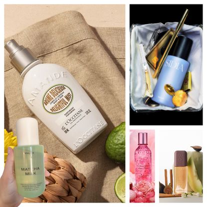 collage of winter body mists and a girl's hand holding a phlur fragrance