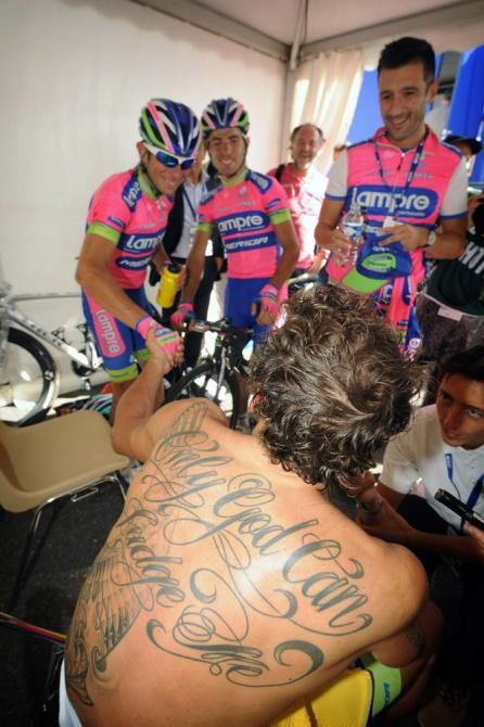 GP Ouest France-Plouay winner Filippo Pozzato is congratulated by his Lampre-Merida teammates