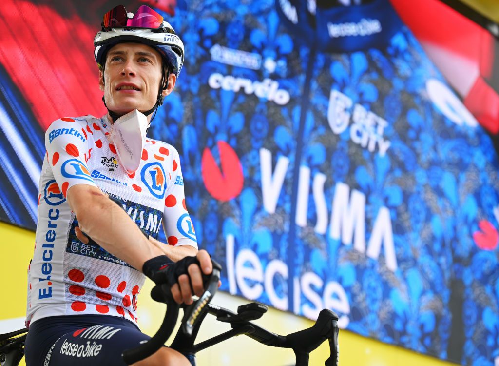 EMBRUN FRANCE JULY 19 Jonas Vingegaard Hansen of Denmark and Team Visma Lease a Bike Polka Dot Mountain Jersey prior to the 111th Tour de France 2024 Stage 19 a 1446km stage from Embrun to Isola 2000 2022m UCIWT on July 19 2024 in Embrun France Photo by Tim de WaeleGetty Images