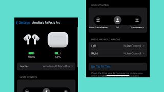 The AirPods Pro 2 settings screen on an iPhone with ANC and transparency modes
