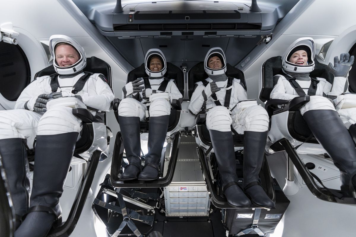 The four civilian astronauts of SpaceX&#039;s Inspiration4 mission sit inside their Crew Dragon Resilience spacecraft for a dress rehearsal of their planned launch from NASA&#039;s Kennedy Space Center Launch Complex 39A on Sept. 15, 2021.