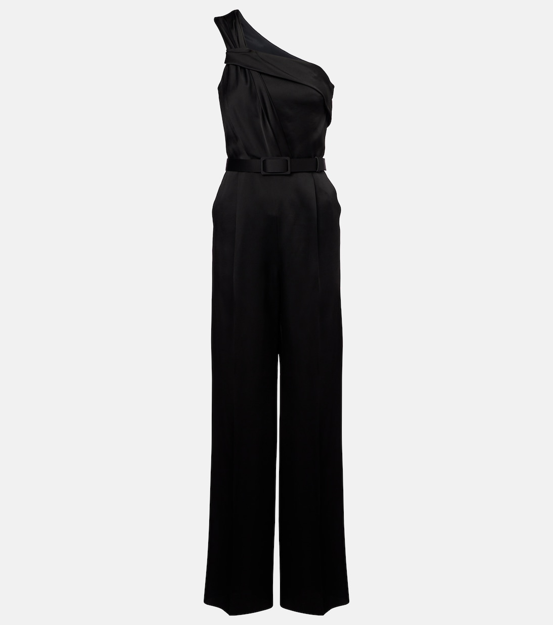Gioire Belted One-Shoulder Satin Jumpsuit