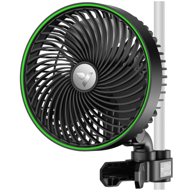 a product photo of a black fan that clips to a table