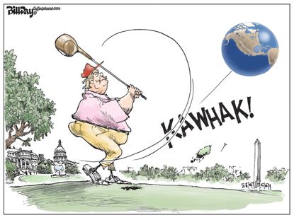 Political Cartoon U.S. Donald Trump golf away Earth