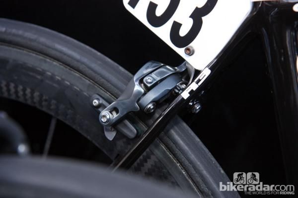 Note the position of the brake pads in the slots of Garmin-Barracuda's rear calipers. Longer stays are featured on these bikes for more tire clearance than standard Cerv&eacute;lo R3s.