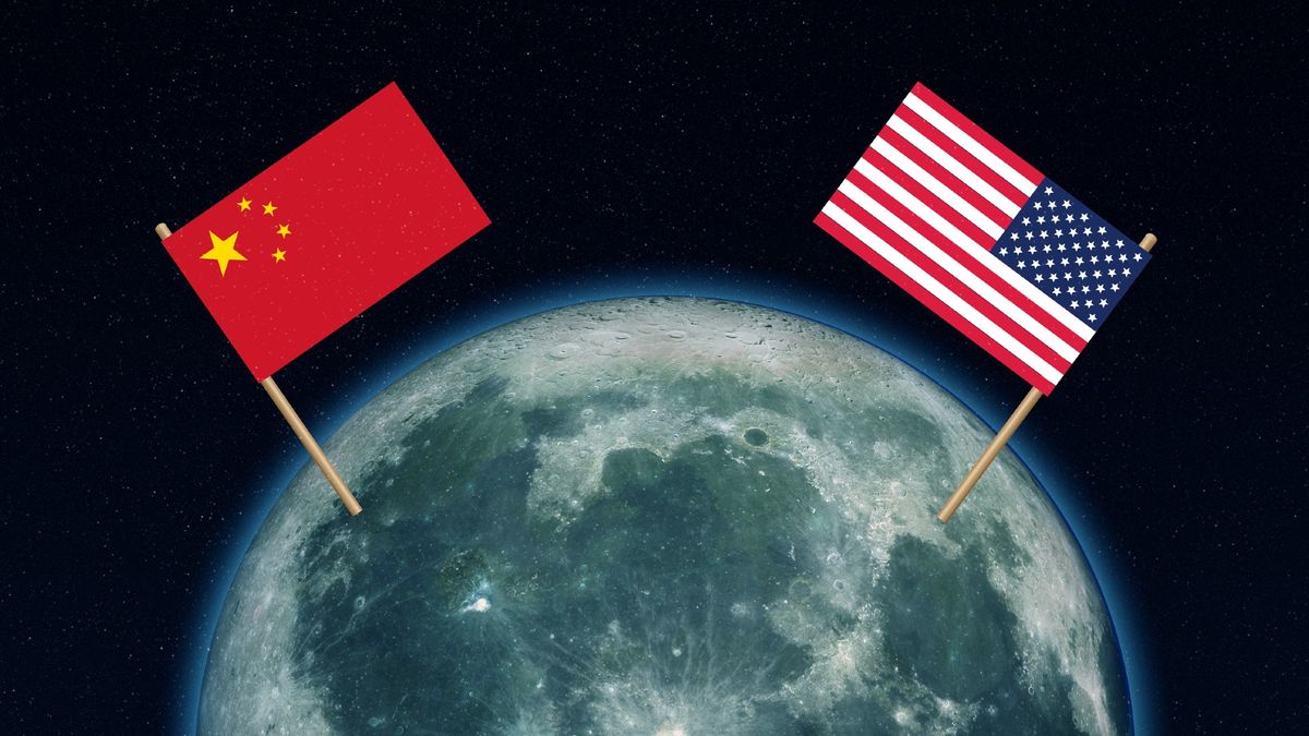 chinese and american flags on the moon