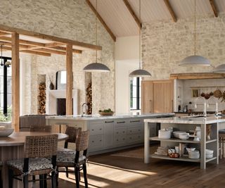 large kitchen with brock walls, modern rustic decor