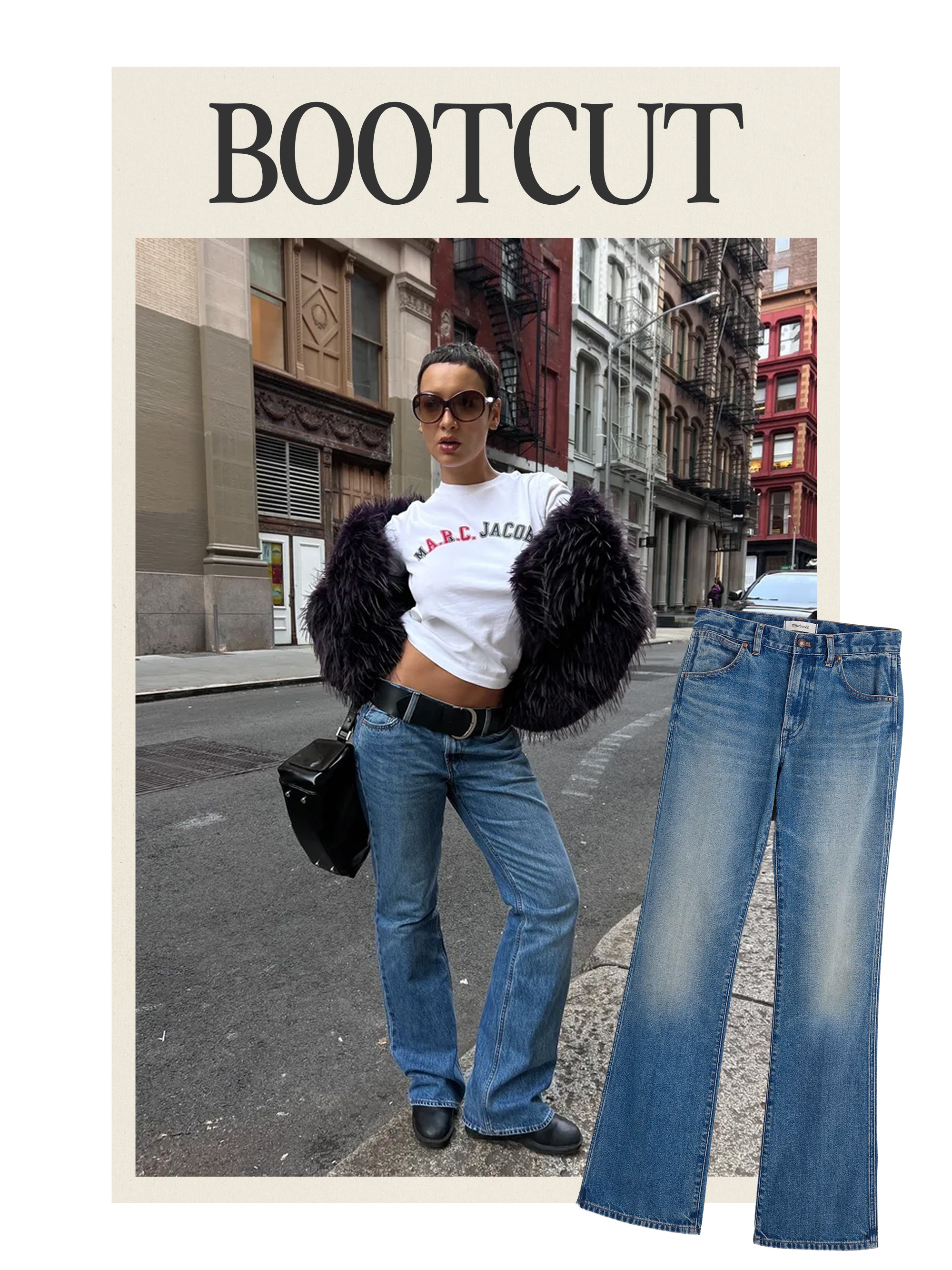 Woman in a white t-shirt and bootcut jeans