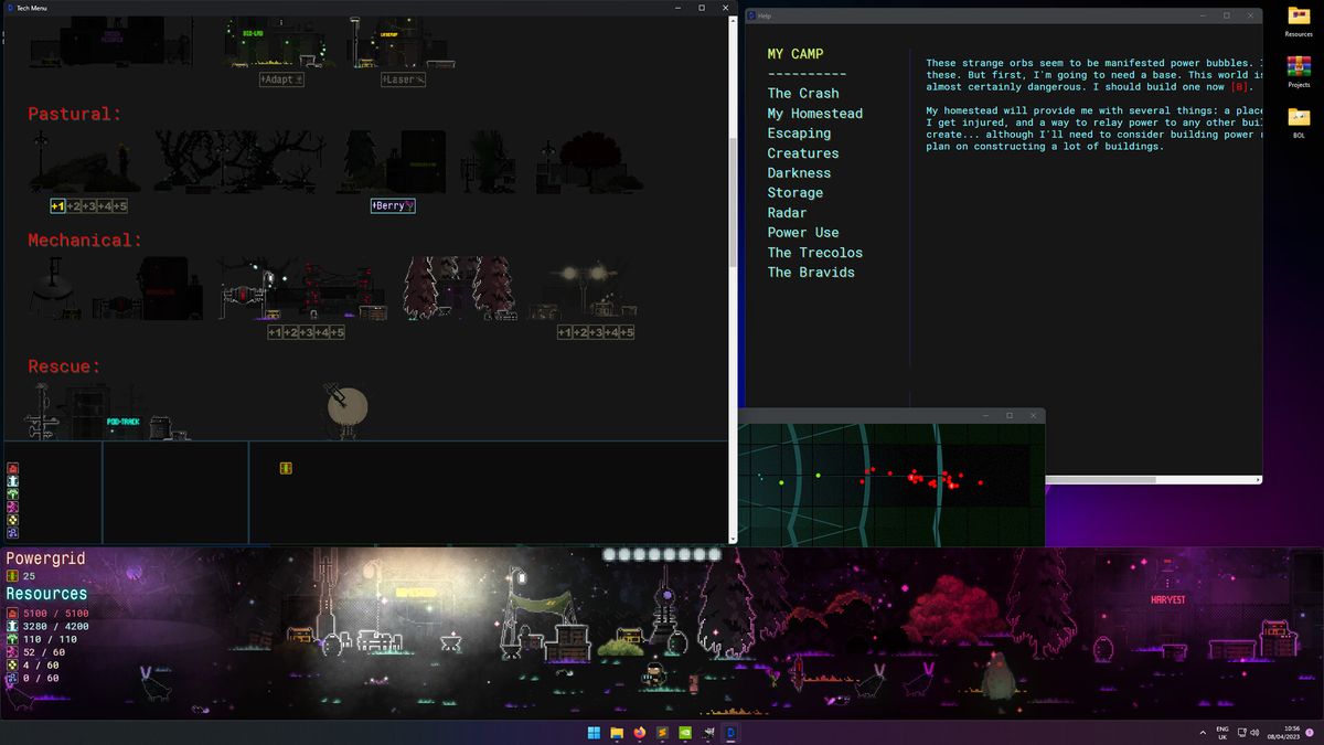 Screenshot of purple-blue cities and sci-fi screens from idler dEskape