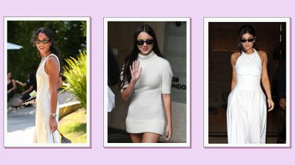 Laura Harrier, Olivia Rodrigo and Kylie Jenner pictured wearing white outfits in a purple 3-picture template