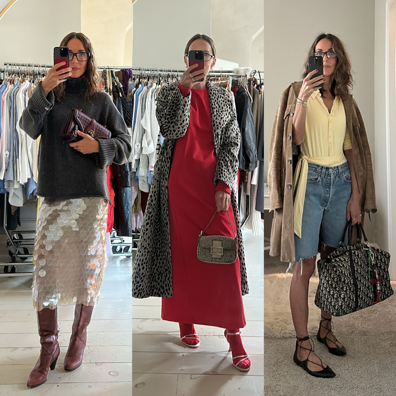 a collage of Larissa Mills mirror selfies carrying vintage designer bags