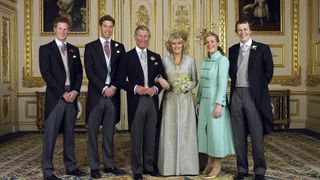 L-R: Prince Harry, Prince William, King Charles, Queen Camilla, Laura Lopes and Tom Parker-Bowles