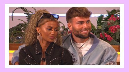 Love Island's Zara and Tom sat together at the fire pit in season 9 of Love Island/ in a purple rectangle template