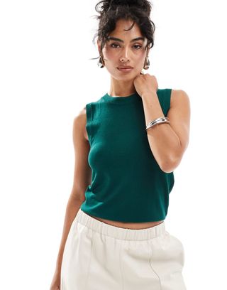 Mango Sleeveless Round Neck Top in Dark Green