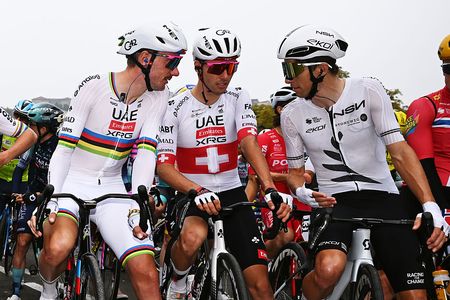 BERGAMO, ITALY - OCTOBER 10: (L-R) Brandon McNulty of United States - World Champion Jersey, Jan Christen of Switzerland and UAE Team Emirates - XRG, George Bennett of New Zealand and Team NSN Cycling and a general view of the peloton prior to the 120th Il Lombardia 2026 a 239km one day race from Bergamo to Como / #UCIWT / on October 10, 2026 in Bergamo, Italy. (Photo by Dario Belingheri/Getty Images)
