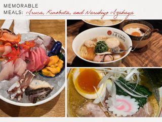 a collage of three images depicting ramen and suhi at three different restaurants in Tokyo