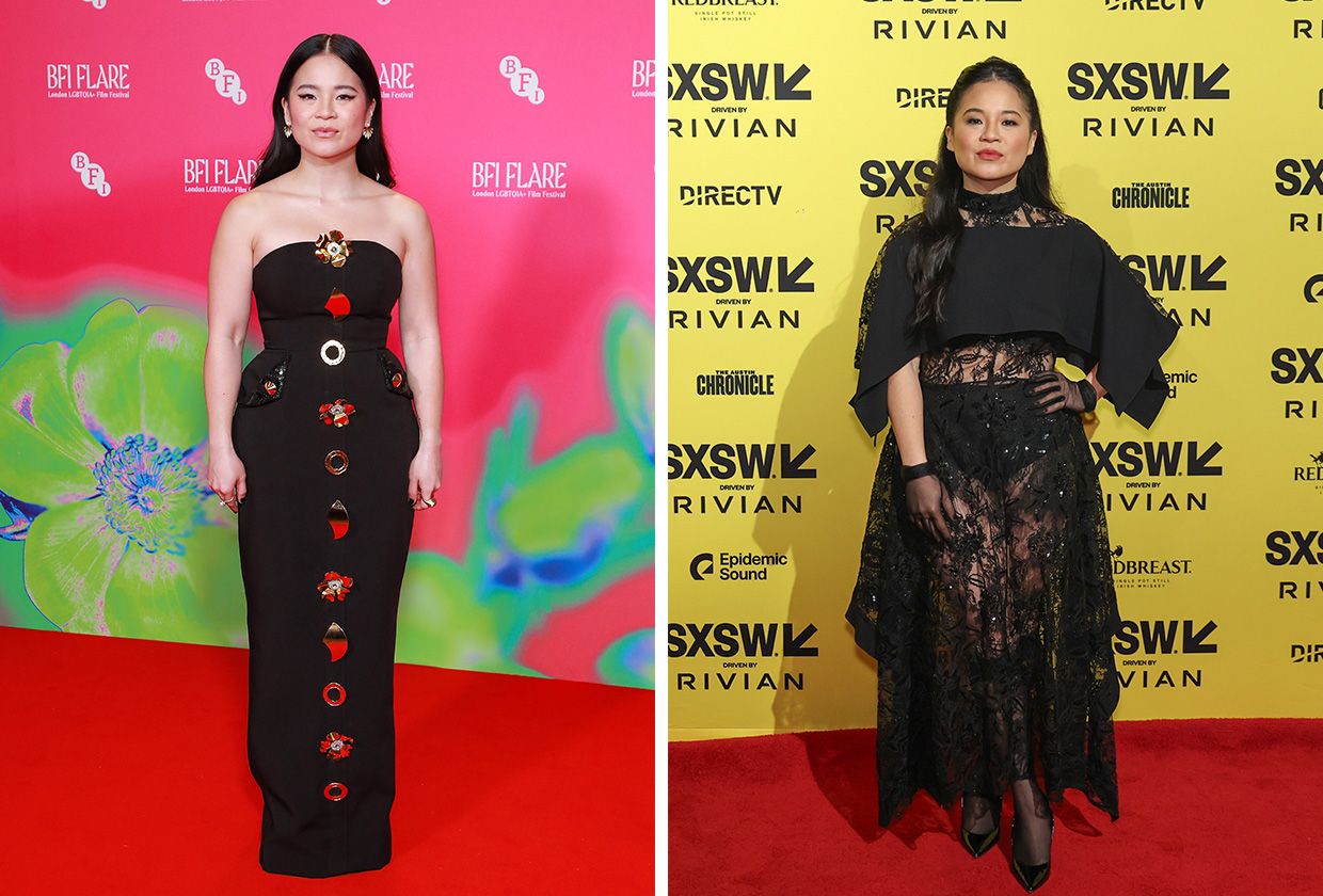 On the left, Kelly Marie Tran is on the red carpet wearing a strapless black column gown with gold embellishments forming a line down the middle. On the right, Kelly Marie Tran attends SXSW festival wearing a sheer black lace dress with black crop top layered over and sheer black gloves.