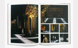 An open book with pictures of male models walking on a stage with a decorated gold archway on it.