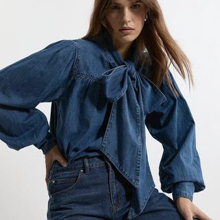 Denim Pussybow Denim Blouse