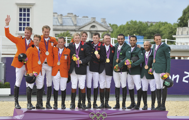 Olympics Show jumping 06 08 2012 DUTCH HOLLAND GREAT BRITAIN SAUDI ARABIA CLELEBRATE ON PODIUM GOLD SILVER BRONZE