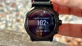 A 102% running performance score after a workout on the COROS APEX 2