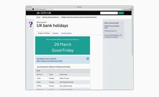 Screenshot of a page from the gov.uk website , with the topic 'UK bank holidays'