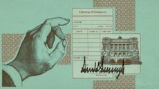 Illustrative collage of a library card with an image of the Library of Congress, being checked out with Donald Trump's signature.