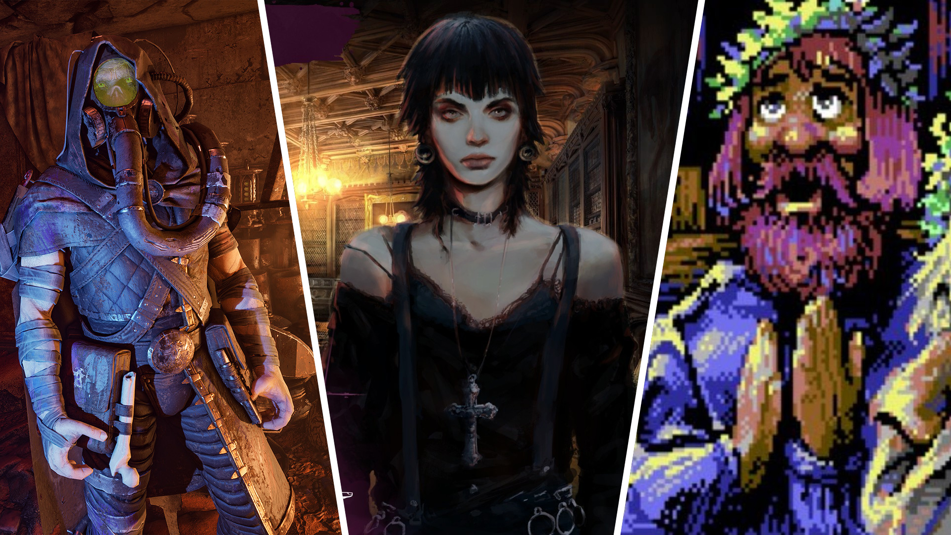 A collage of stills from Necromunda: Hired Gun, Shadows of New York, and Skald.