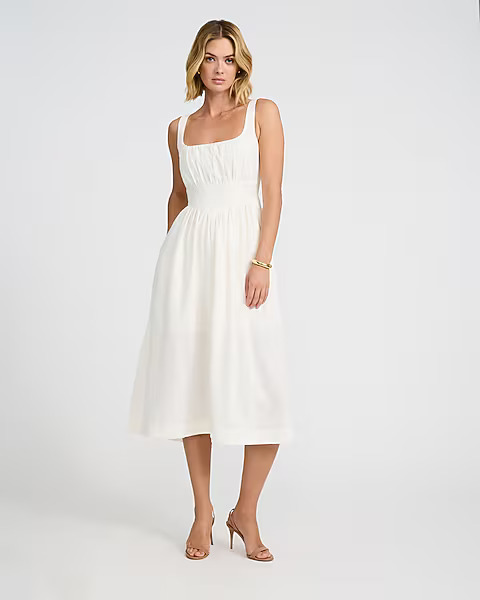 Express, Linen-Blend Basque Waist Smocked Back Midi Dress with Pockets