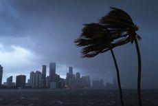 The Miami skyline can be seen as the outer bands of Hurricane Irma, as a Category 4 hurricane, start to reach Florida on Sept. 9, 2017.