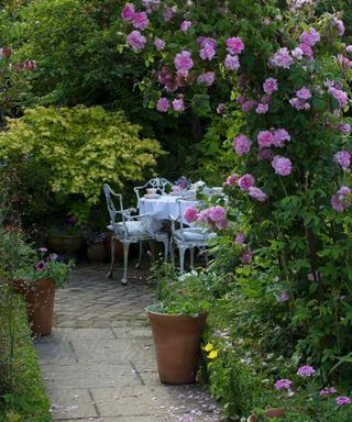 A garden with an arch of pink roses, with a gray stone path leading to a dining area surrounded by green bushes with gray silver chairs and a table with a white tablecloth and teacups on it