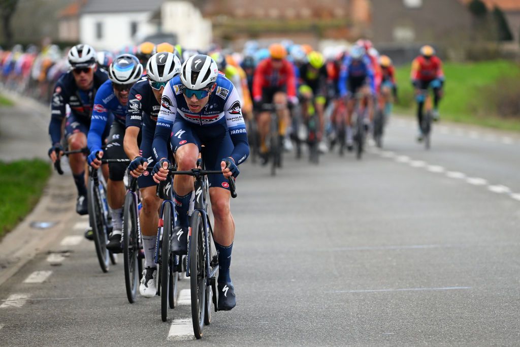 Casper Pedersen (Soudal-QuickStep) leads the peloton early in Omloop Het Nieuwsblad on what was a disappointing day for the Belgian squad