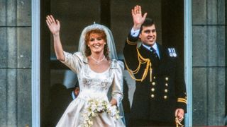 Sarah, Duchess of York, and Prince Andrew, Duke of York, as they wave from the balcony of Buckingham Palace
