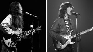 Left&ndash;Guitarist June Millington performs with Fanny (as The LA Allstars) at Alex Cooley's Electric Ballroom on June 5, 1975 in Atlanta, Georgia; Right&ndash;George Harrison performs on stage with Delaney and Bonnie in Copenhagen, Denmark in December 1969. He is playing a 'Rocky' Fender Stratocaster guitar