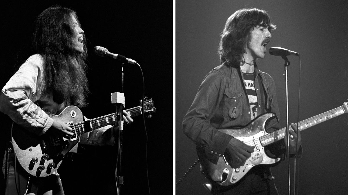Left&ndash;Guitarist June Millington performs with Fanny (as The LA Allstars) at Alex Cooley's Electric Ballroom on June 5, 1975 in Atlanta, Georgia; Right&ndash;George Harrison performs on stage with Delaney and Bonnie in Copenhagen, Denmark in December 1969. He is playing a 'Rocky' Fender Stratocaster guitar