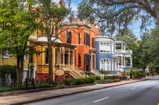 colorful buildings along historic downtown street in Savannah Georgia